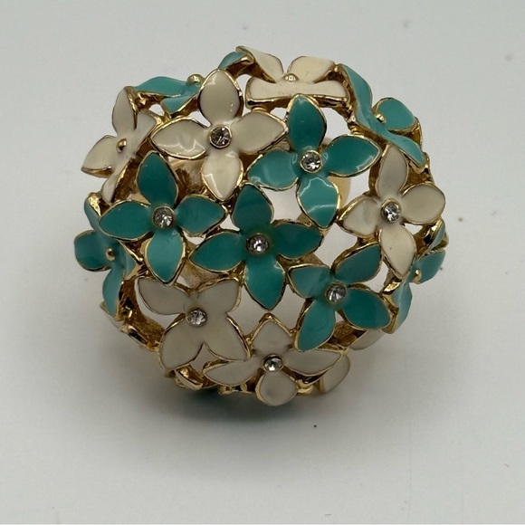 Elegant Gold-tone Turquoise & White Flower Floral Rhinestone Ring Bouquet - Picture 1 of 8